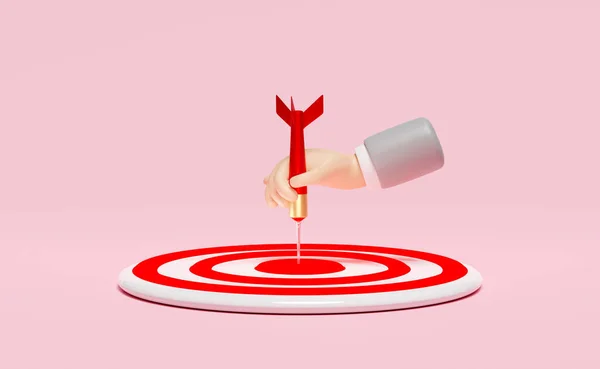 Красная Цель Бизнесменом Руки Держа Дротики Стрелы Изолированы Розовом Фоне — стоковое фото