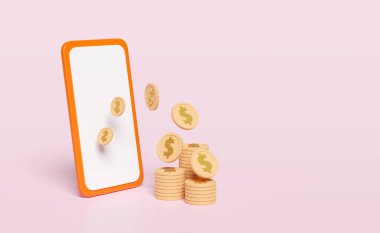 3d orange mobile phone, smartphone icon with money dollar coin stack isolated on pink background. online shopping, internet banking, screen phone template, cellphone mockup, 3d render, clipping path