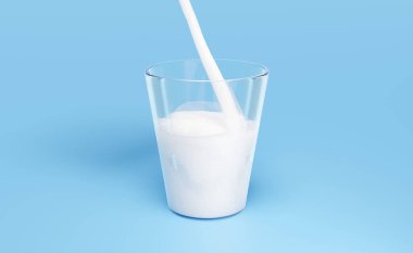 3d Pour the milk or yogurt into a clear glass isolated on blue background. 3d render illustration 