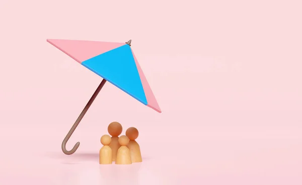 Umbrella Protecting Model Family Wooden Doll Figures Isolated Pink Background — стоковое фото