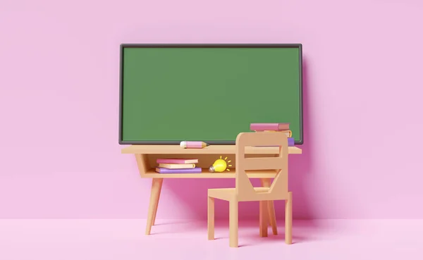 Green Blackboard Template Wooden School Desk Cartoon Chair Light Bulb — Foto Stock