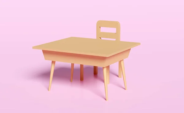 Wooden School Desk Cartoon Isolated Pink Background Render Illustration Clipping — Zdjęcie stockowe