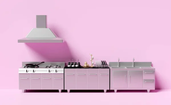 Restaurant Kitchen Isolated Pink Background Modern Industrial Kitchen Equipment Concept — Stok fotoğraf