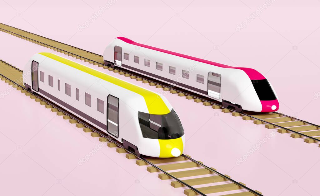 3d two bullet train cartoon with railroad tracks, sky train transport toy, summer travel service, planning traveler tourism train isolated on pink background. 3d render illustration, clipping path