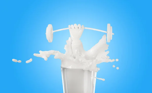 Milk Yogurt Ripple Splash Glass Hands Holding Barbells Isolated Blue — Photo
