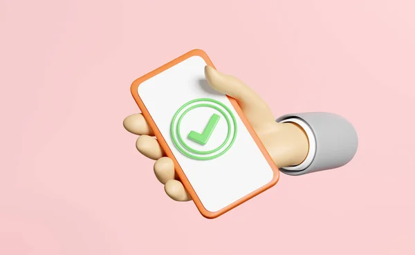 Hand Holding Smartphone Check Marks Tick Symbols Isolated Pink Background — Stock fotografie