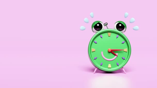 Cartoon Character Green Alarm Clock Wake Time Morning Space Isolated — Αρχείο Βίντεο