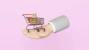 3D karikatür işadamı elleri pembe arka planda izole edilmiş karton kutuyla alışveriş arabası tutuyor. Çevrimiçi alışveriş yaz satışı konsepti, 3D animasyon, alfa