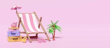 3 boyutlu yaz seyahati bavul yığını, plaj sandalyesi, şemsiye, sandaletler, palmiye ağacı, gitar, domuz kumbarası, pembe arka planda izole edilmiş yer. Yaz seyahati konsepti, 3D resimleme, kırpma yolu