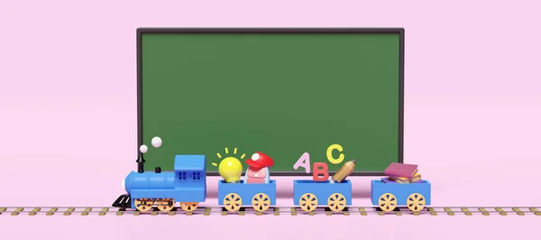 3D蓝色火车头 装有学习用品的木制货车 粉红背景隔离的黑板 回到学校 知识创造了观念概念 3D渲染图解 快捷方式 — 图库照片