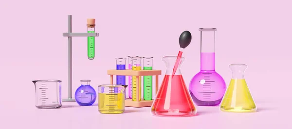 Vetenskap Experiment Kit Med Bägare Provrör Isolerad Rosa Bakgrund Rum — Stockfoto