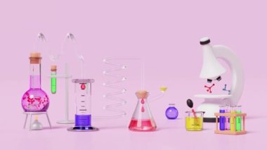 Üç boyutlu deney seti, pembe arka planda izole edilmiş deney tüpü. oda çevrimiçi yenilikçi eğitim konsepti, 3D animasyon, alfa