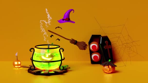 在南瓜与南瓜在煮沸的锅 蜘蛛网 快乐万圣节的巫帽球棒 3D动画 阿尔法 被隔离在橙色房间中之间的3D光晕 — 图库视频影像