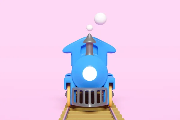 3D火车头与铁路轨道 蒸汽机车运输玩具 夏季旅游服务 规划旅游列车与粉红色背景隔离 前视图 3D渲染说明 剪切路径 — 图库照片