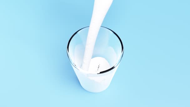 Animation Pour Milk Yogurt Clear Glass Isolated Blue Background Render — Vídeo de Stock