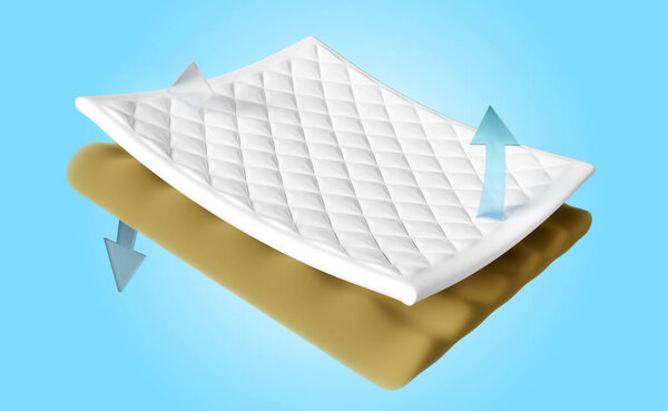 3d layered sheet material mattress with soft sponge, fabric, rubber, arrow isolated on blue background. minimal abstract, 3d render illustration, clipping path