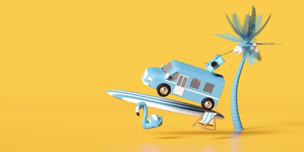Blauwe Bestelwagen Met Strandstoel Flamingo Bal Kokospalm Surfplank Paraplu Camera — Stockfoto