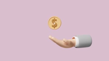 3D inşaat dükkânı önünde, işadamı elleri pembe arka planda izole edilmiş bozuk para tutuyor. Girişim bayiliği, tasarruf, iş büyüme konsepti, 3D animasyon