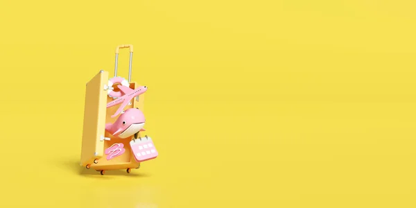打开装有日历 飞机图标 救生圈 粉红鲸 黄底凉鞋的行李箱 夏季旅行概念 3D插图或3D渲染 剪切路径 — 图库照片