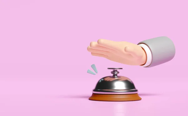 3d service bell icon with hands pushing isolated on pink background. 3d render illustration, clipping path