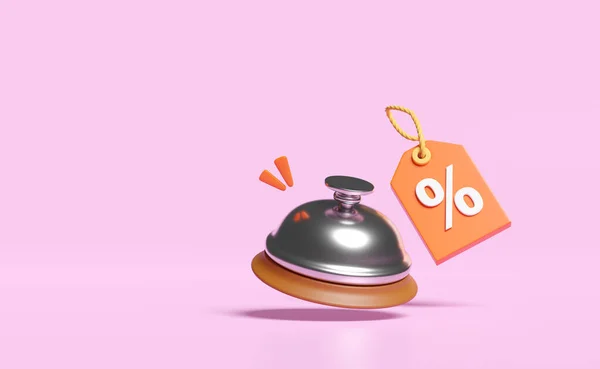 3d service bell icon with discount sales isolated on pink background. price tags coupon, marketing promotion bonuses concept, 3d render illustration, clipping path