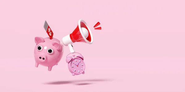 Clock Alarm Piggy Bank Megaphone Discount Sales Isolated Pink Price — Stock Photo, Image