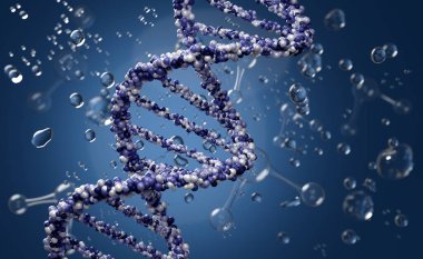 3D DNA yapısı veya mavi sarmal kromozom, teknoloji bilimi geçmişi. 3d resimleme 