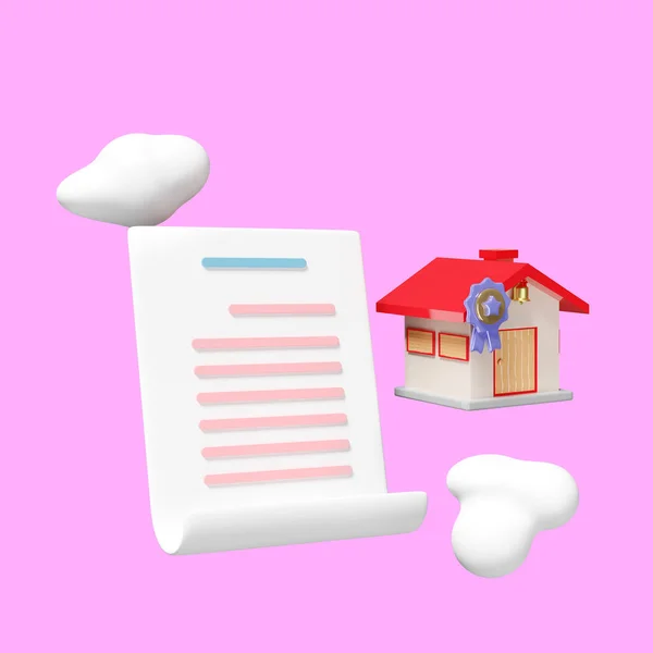 purchase contract, mortgage, real estate, house with certificate icon quality guarantee ribbon and star for award, float cloud isolated on pink background. 3d render illustration, clipping path