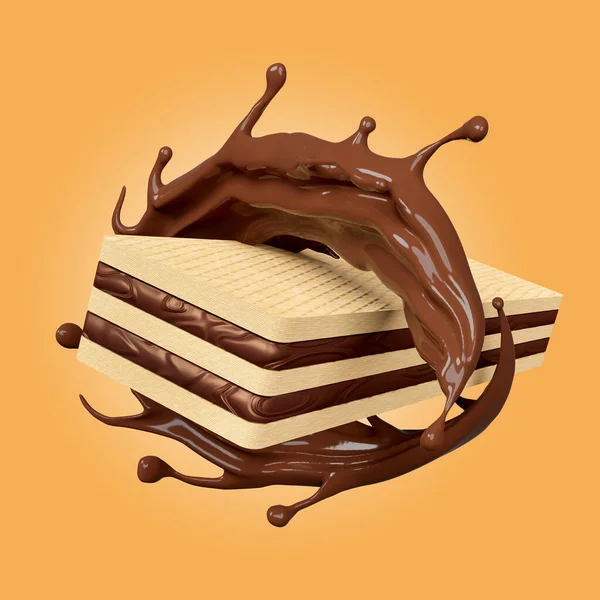 hot chocolate splash whirlpool with crispy wafer sticks isolated on brown background. advertising for packaging, 3d render illustration, clipping path