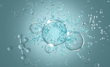 Tıp bilimi geçmişi için su sıçratan 3 boyutlu atom ya da molekül. Soyut yapı kimyasalı, 3D resimleme