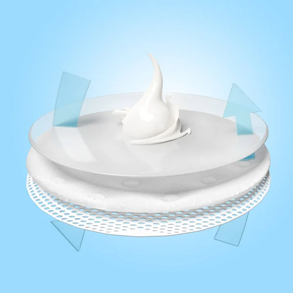 Disposable milk absorbent pads product advertisement, ventilate shows milk splash, synthetic fiber hair absorbent layer, isolated on blue background. 3d render illustration