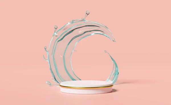 Water Splash Transparant Met Podium Leeg Geometrische Cosmetische Promotie Beauty — Stockfoto