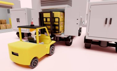 İthalat ihracat için forklift, karton kutu, palet, pembe arka planda izole edilmiş kamyon olan bir depo. lojistik servis konsepti, 3D resimleme