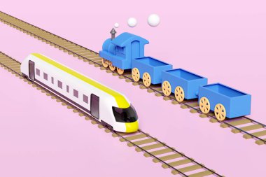 3D lokomotif, tren raylı mermi treni, buharlı tren nakliye oyuncağı, pembe arka planda izole edilmiş yolcu turizmi treni. 3d resimleme, kırpma yolu 