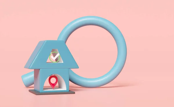 3D蓝色房子与放大镜 检查标记 勾选标记符号 销隔离在粉红色背景 网上购物 搜索数据概念 3D渲染说明 裁剪路径 — 图库照片
