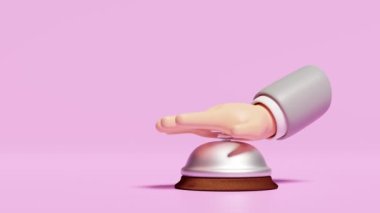 Pembe arka planda izole edilmiş elleri iten 3D servis çanı simgesi. 3D animasyon, alfa 