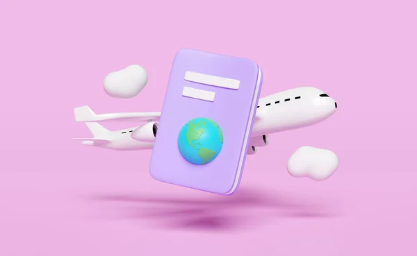 3Dパスポートや観光のための国際旅行 飛行機とのビジネス ピンクの背景に隔離された雲 3Dレンダリングイラスト クリッピングパス — ストック写真