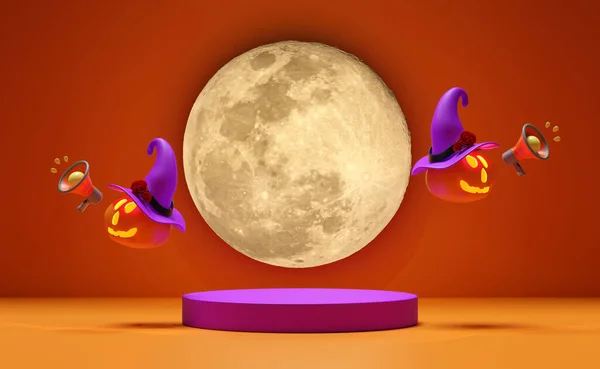 Cylinder Stage Podium Halloween Pumpkin Holiday Party Full Moon Megaphone — Stock Photo, Image