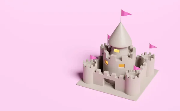 Піщаний Замок Вежами Фортом Воротами Прапорами Ізольований Рожевому Фоні Концепція — стокове фото