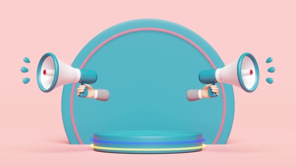 3D蓝色舞台讲台与扩音器 手动扬声器隔离在粉红色背景 推广网上购物概念3D动画 — 图库视频影像