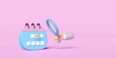 İş adamlarının elinde büyüteç olan takvim tarihi, pembe arka planda izole edilmiş kontrol işareti. bir iş günü bul, işaretli tarih kavramı, 3d illüstrasyon ya da 3d tasvir, kırpma yolu
