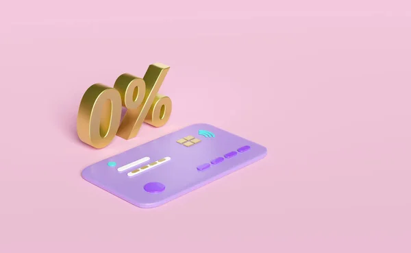 3Dゴールド0 ピンクの背景に孤立ゼロ クレジットカードの概念 3Dレンダリングのイラスト クリッピングパスで割引商品 — ストック写真