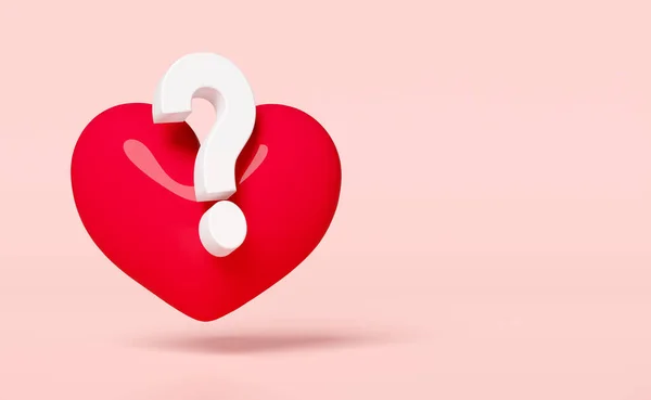 3D红色心脏 白色问号符号图标孤立在粉红色背景 常见问题或常见问题如何是爱情 最小的概念 3D渲染说明 剪切路径 — 图库照片