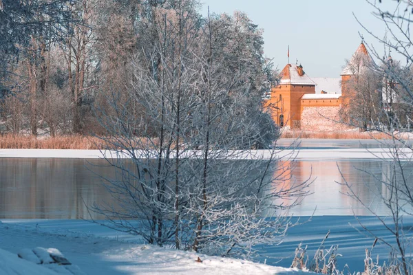 中世のトラカイ城 ヴィリニュス リトアニア 東ヨーロッパ 雪と冬に美しい空と青い湖と美しい湖と自然との間に位置 凍結湖と青い空 — ストック写真