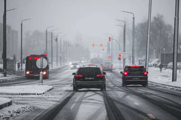 Perspective Artistic View Road Snow Storm Red Lights Cars Traffic — Stock Photo, Image