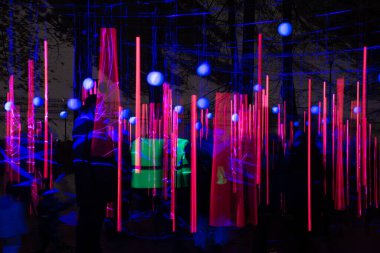 Vilnius Işık Festivali. Süzülen Evren, ışınlar ve küreler sürekli çoğalıyor ve izleyiciye soyut bir dünyada uzayda yüzme hissi veriyor.