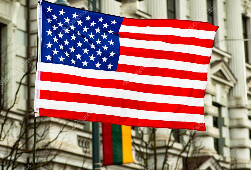 Flags of USA or United States of America and of Lithuania, Baltic state, Eastern Europe, member of European Union and NATO