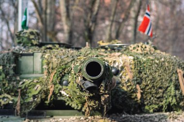 Norveç Ordusu zırhlı tankı, top ve kamuflajlı asker ve Norveç bayrağı, NATO Müdahale Gücü