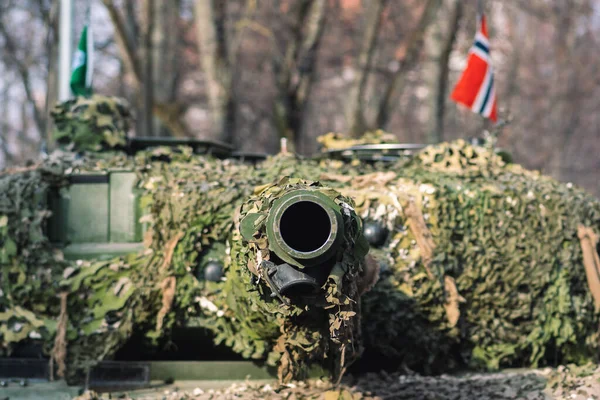 Norvég Hadsereg Páncélozott Tank Ágyúval Álcázóval Bevonva Rajta Katonákkal Norvégia — Stock Fotó