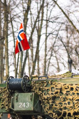 Norveç Ordusu zırhlı tankı top ve Norveç bayrağı ile kamufle edilmiş, arka planda ağaçlarla dikey 